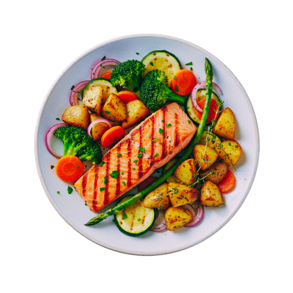Grilled salmon con verduras y patatas